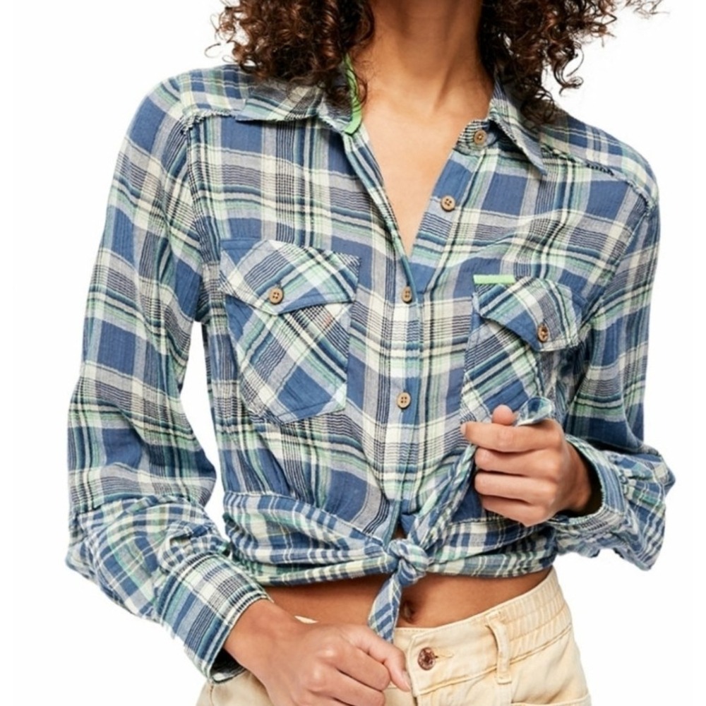 Free People First Bloom Plaid Cropped Top Women M Blue Western Boho Indie Grunge